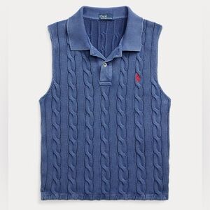 Polo Ralph Lauren Cable-Knit Cropped Polo Shirt Blue Large NWT